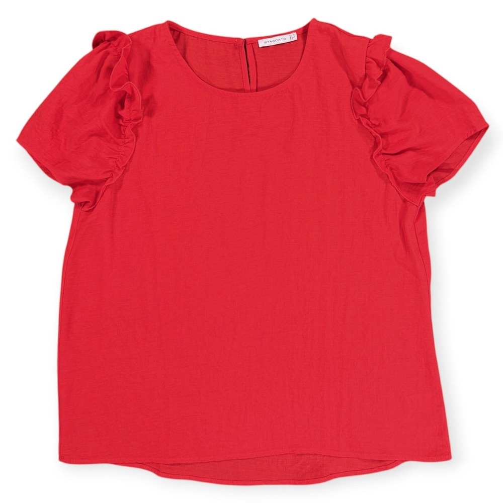 STACCATO Ruffle Short Sleeve Blouse Womens L Red Keyhole Back Casual Top